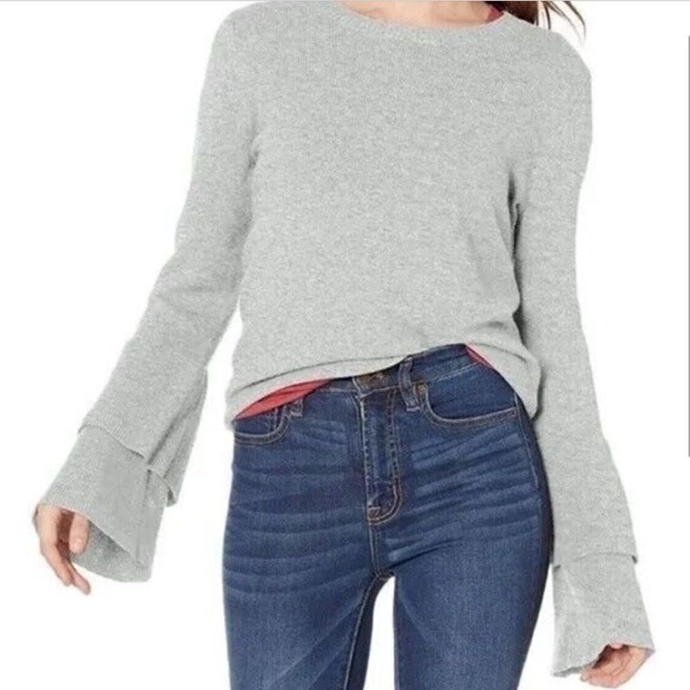 J. Crew Gray Ruffled Bell Sleeve Crewneck Wool Blend Sweater